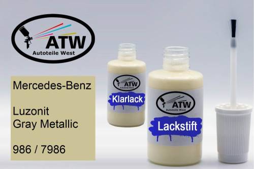 Mercedes-Benz, Luzonit Gray Metallic, 986 / 7986: 20ml Lackstift + 20ml Klarlack - Set, von ATW Autoteile West.